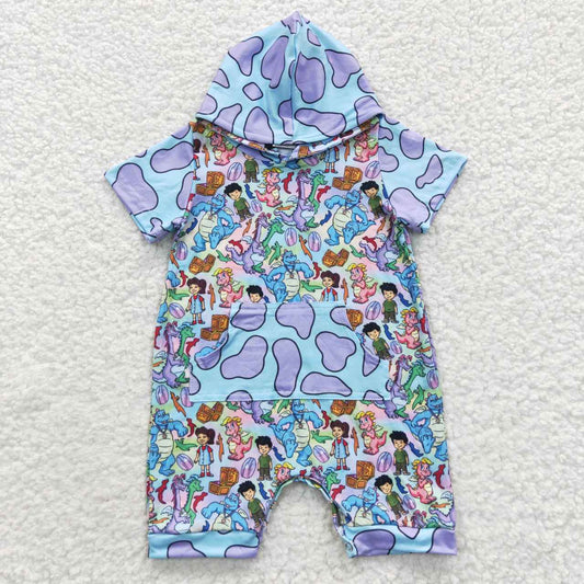 SR0405 Baby blue cartoon dino print hoodie romper