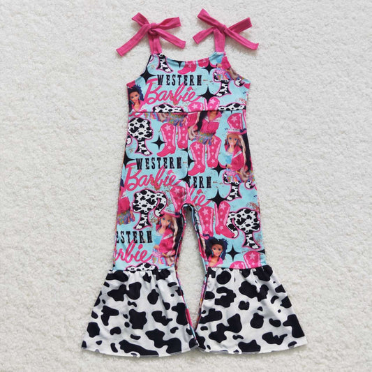 SR0425 Spaghetti strap pink BA western design baby girls bell bottom jumpsuit