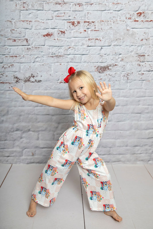 SR0435 Spaghetti strap cartoon dog design flowers baby girls jumpsuit