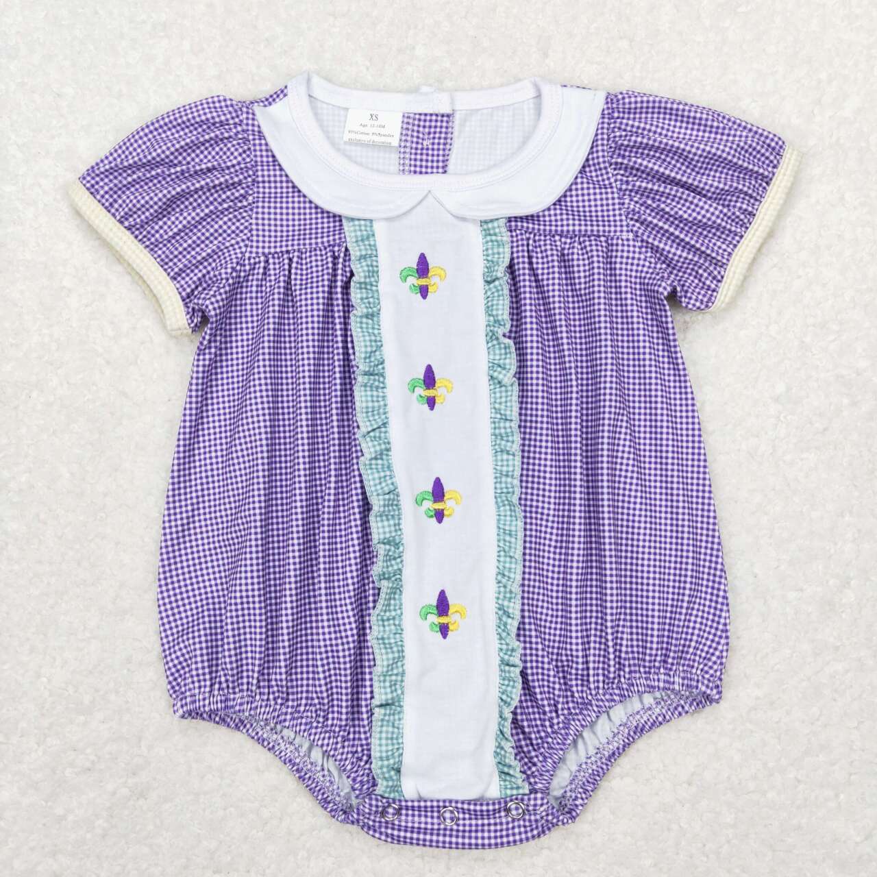 SR0471 Purple Plaid Mardi Gras Embroidery Baby Girls Romper