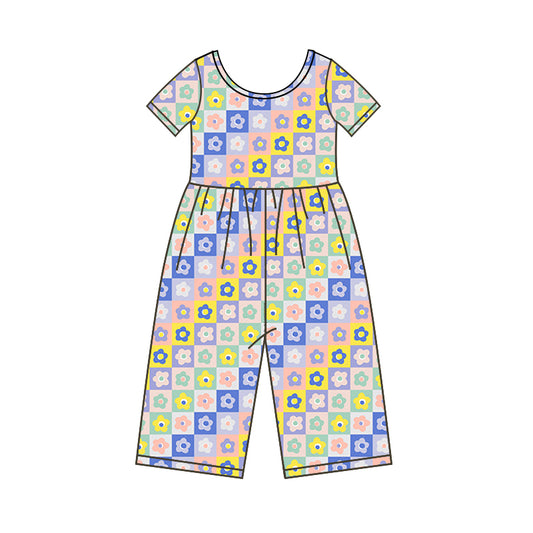 (Pre-order)SR0484 Colorful Plaid Flowers Print Girls Jumpsuits