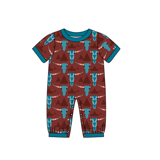 (Pre-order) SR0485 Brown Cow Skull Print Baby Western Romper