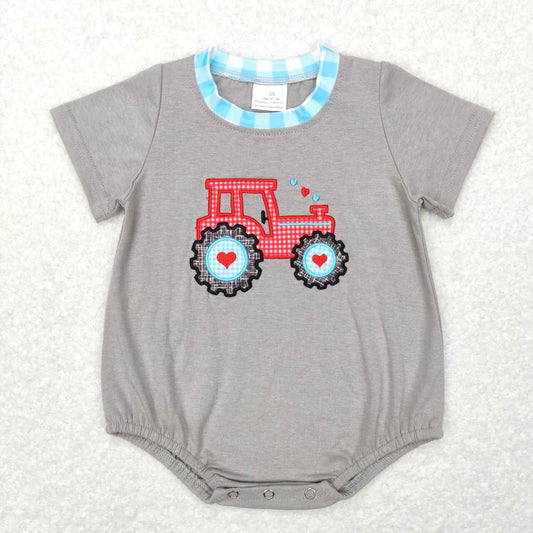 SR0488  Tractor Heart Embroidery Grey Baby Boys Valentine's Romper