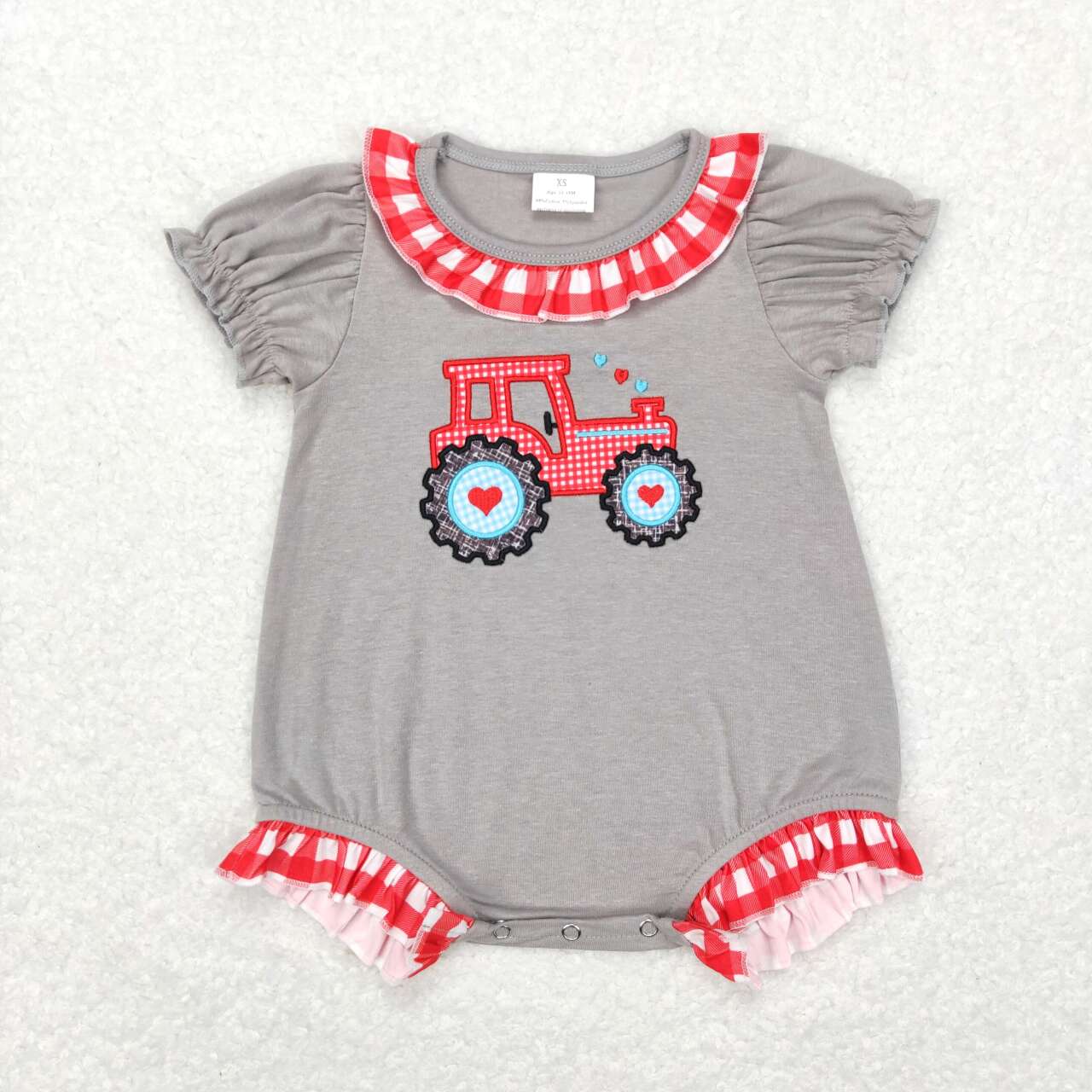 SR0489 Tractor Heart Embroidery Grey Baby Girls Valentine's Romper