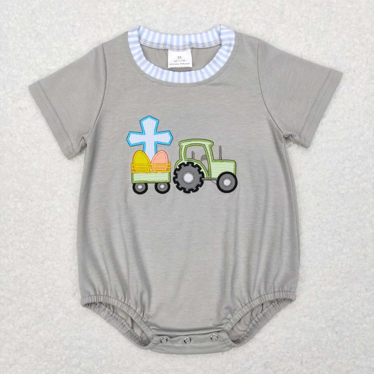 SR0490 Cross Egg Truck Embroidery Grey Baby Boys Easter Romper