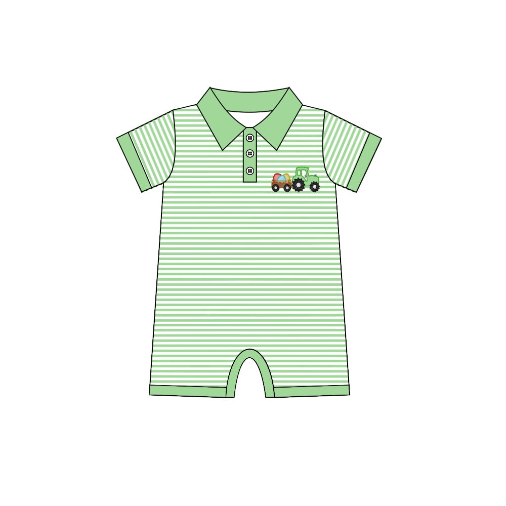 (Pre-order)SR0502 Green Stripes Truck Egg Print Baby Boys Easter Romper