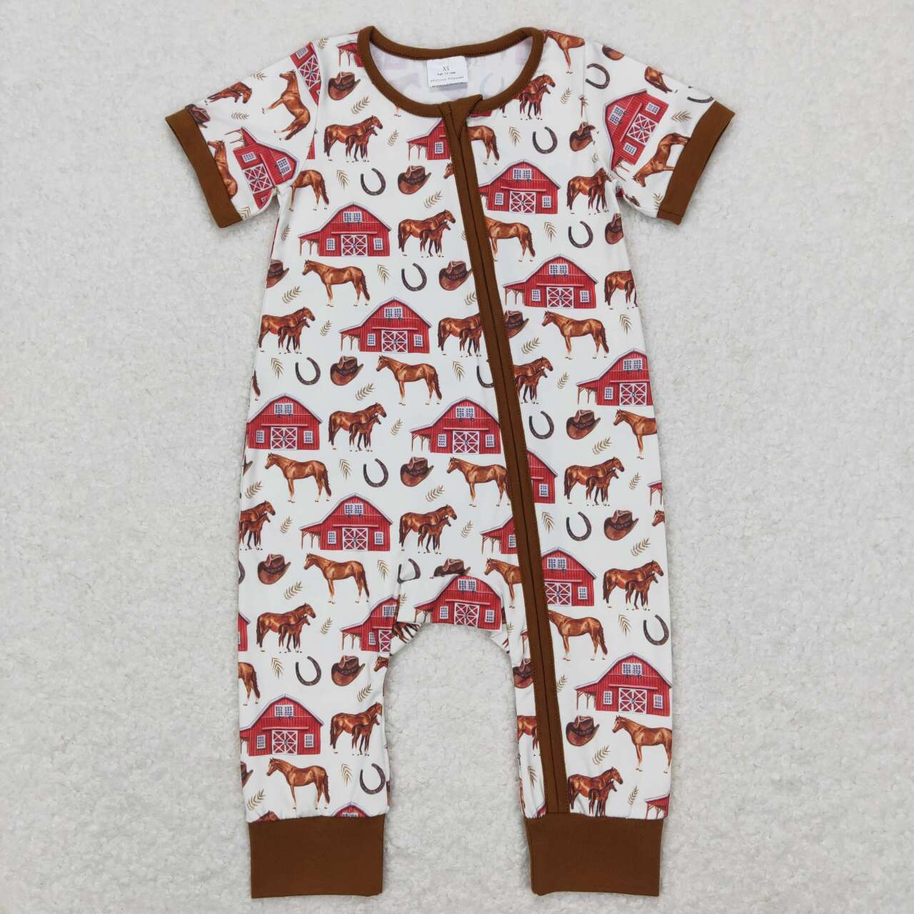 SR0509 Brown Horse Farm Print Baby Boys Sleeper Zipper Romper