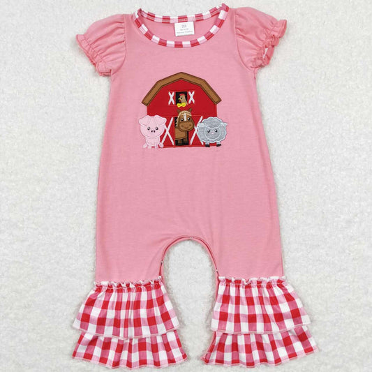 SR0511 Pink Farm Animals Embroidery Baby Girls Romper