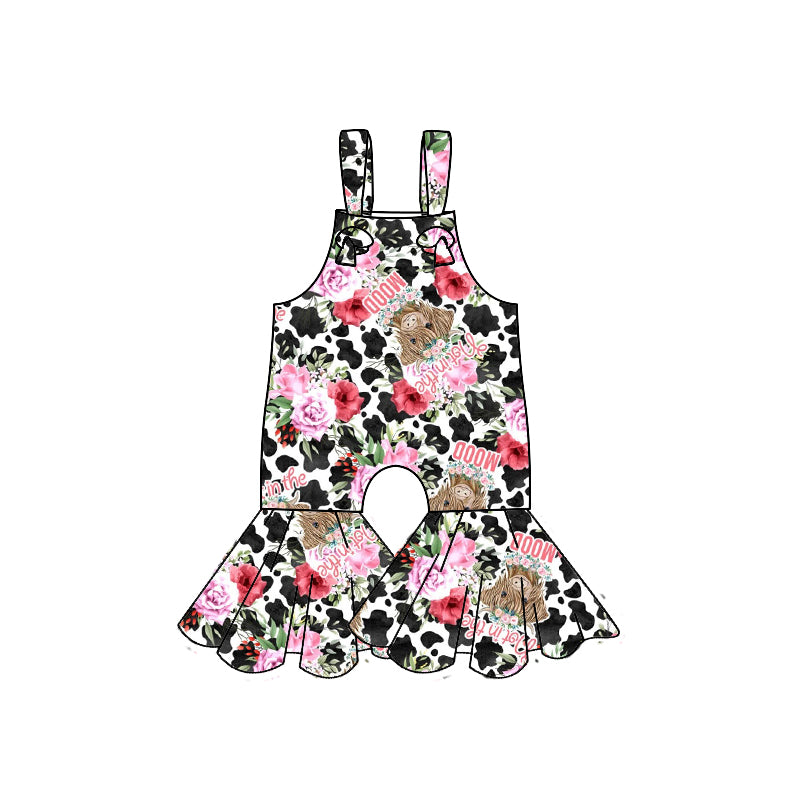 (Pre-order)SR0527 Pink Flowers Highland Cow Print Girls Jumpsuits