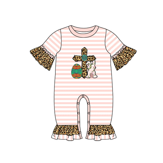 (Pre-order)SR0539 Cross Egg Bunny Leopard Baby Girls Western Easter Romper