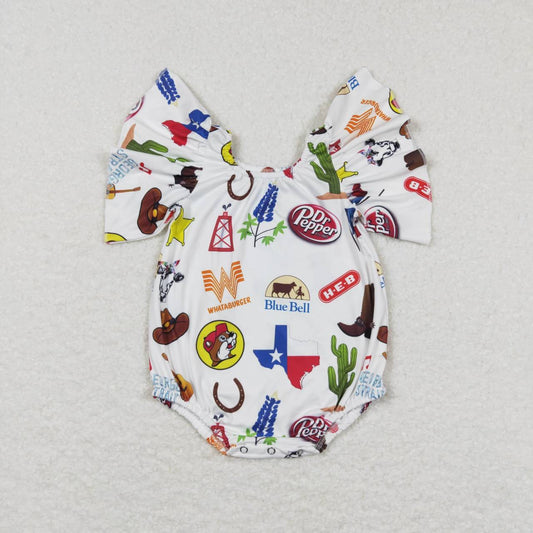 SR0544 Cow Skull Boots Hat Print Baby Girls Western Romper