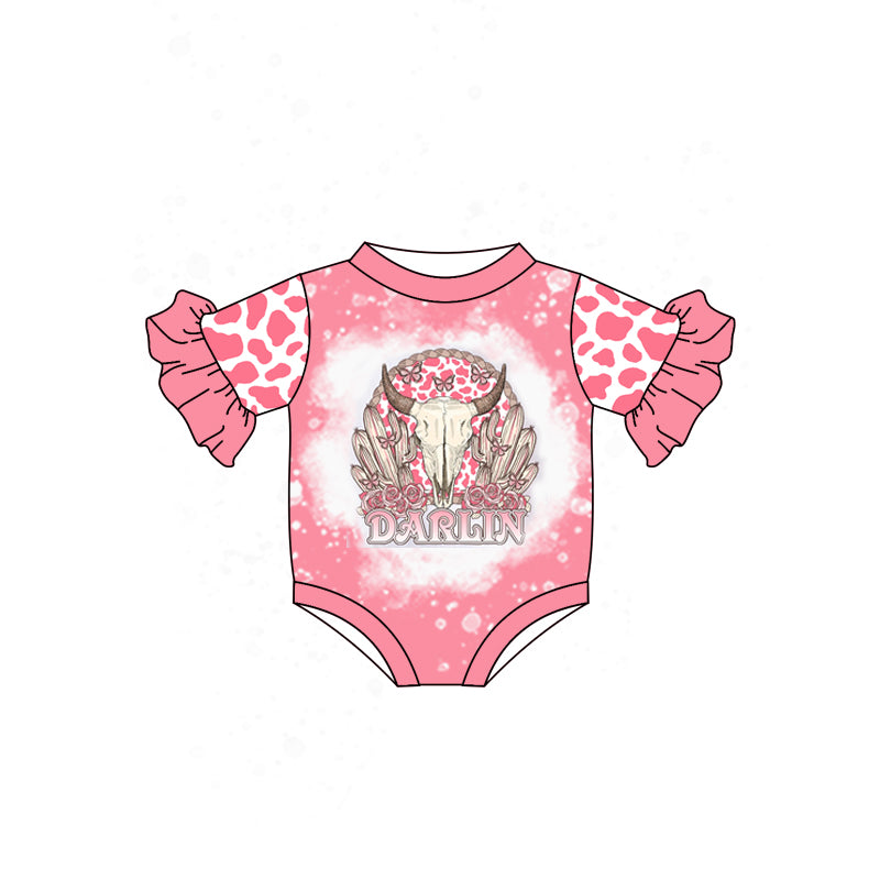 (Pre-order)SR0545 Pink Darlin Cow Skull Butterfly Print Baby Girls Western Romper