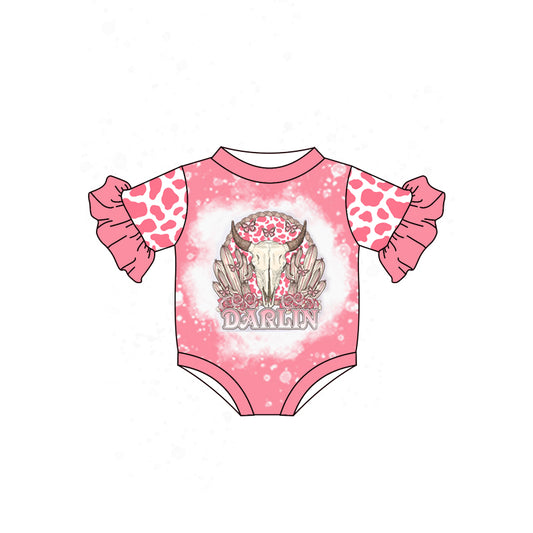 (Pre-order)SR0545 Pink Darlin Cow Skull Butterfly Print Baby Girls Western Romper