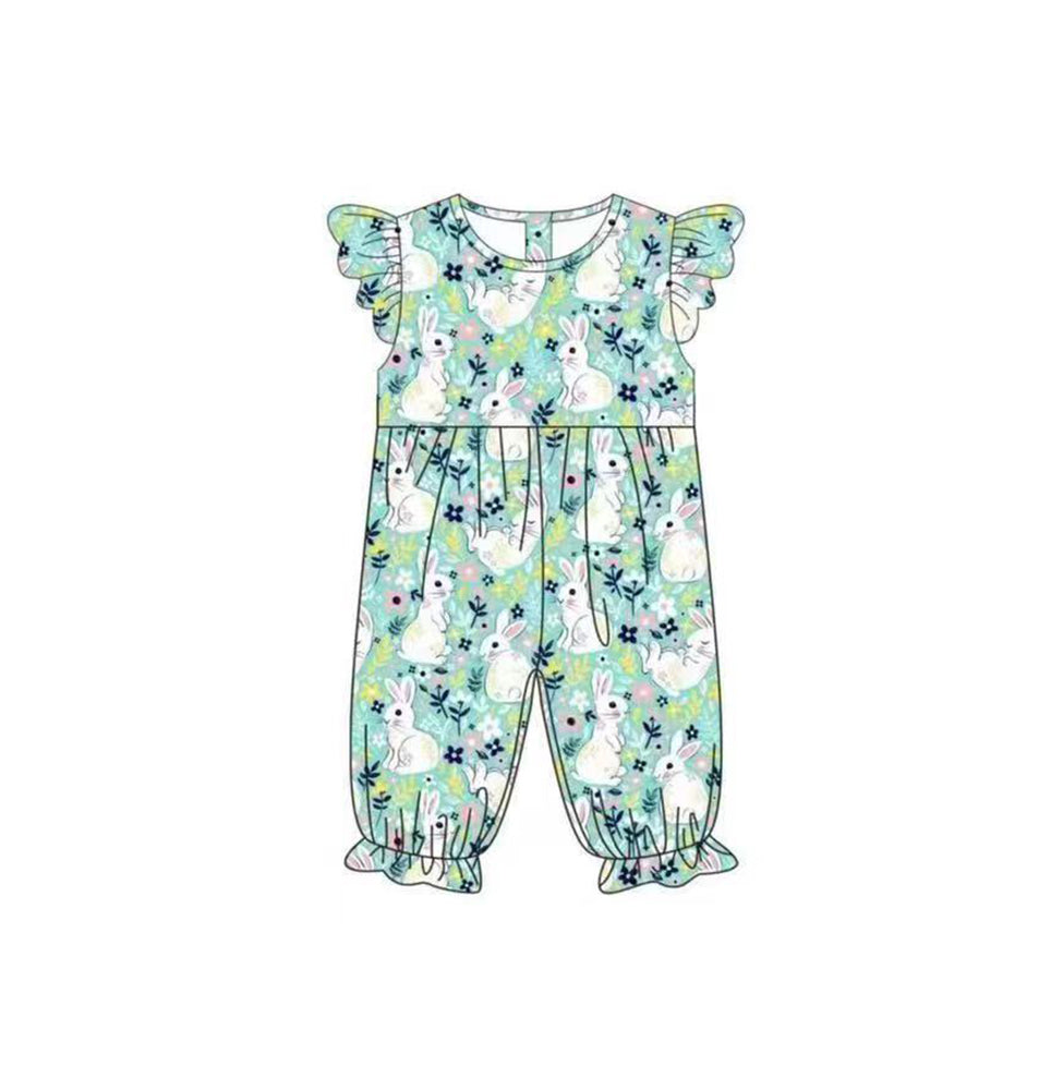 (Pre-order)SR0549 Green Flowers Bunny Print Baby Girls Easter Romper