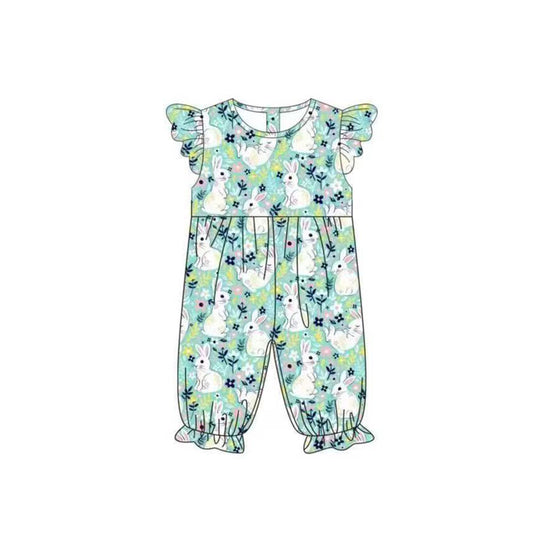 (Pre-order)SR0549 Green Flowers Bunny Print Baby Girls Easter Romper