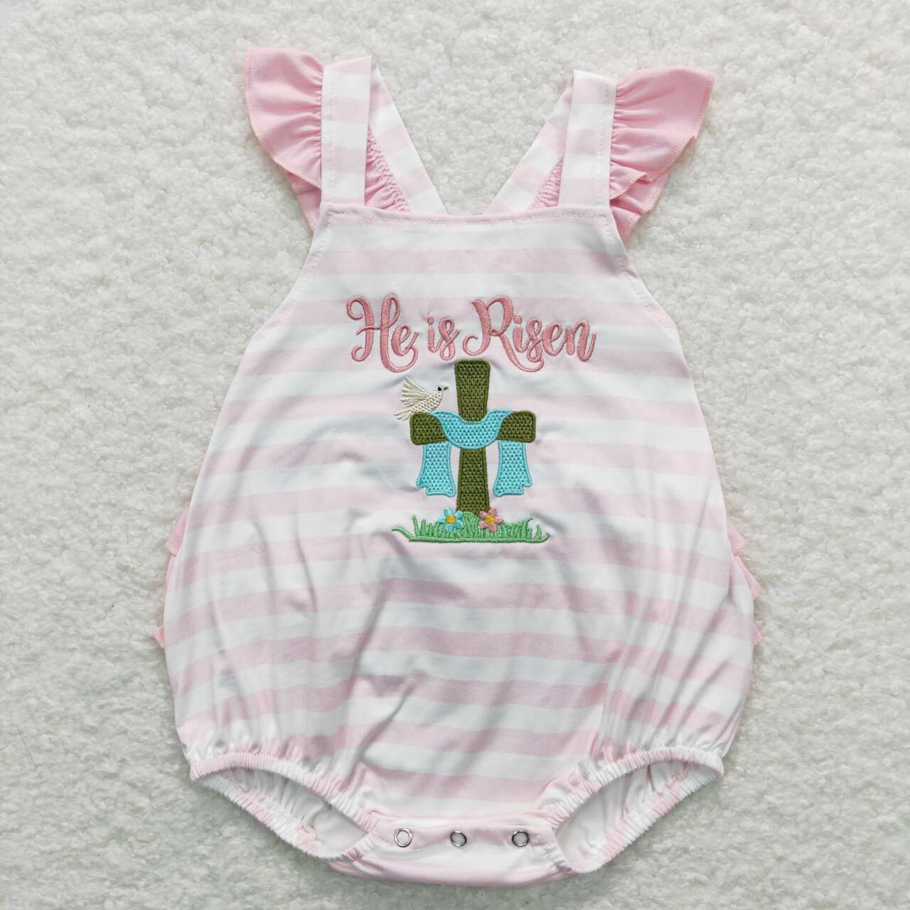 He Is Risen Cross Embroidery Stripes Print Sibling Easter Matching Clothes