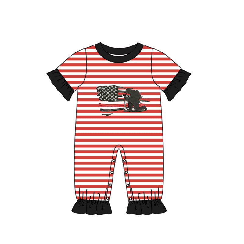 (Pre-order)SR0566 Fireman Red Stripes Print Baby Girls Romper