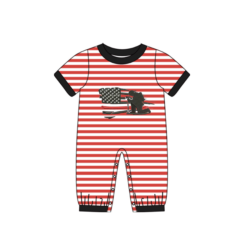 (Pre-order)SR0567 Fireman Red Stripes Print Baby Boys Romper