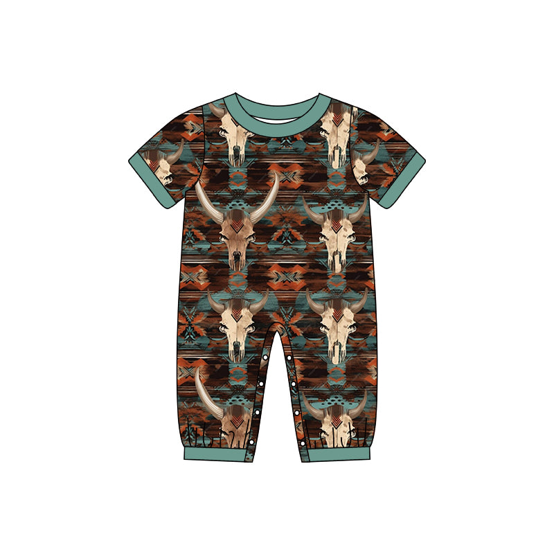 (Pre-order)SR0568 Cow Skull Aztec Print Baby Kids Western Romper