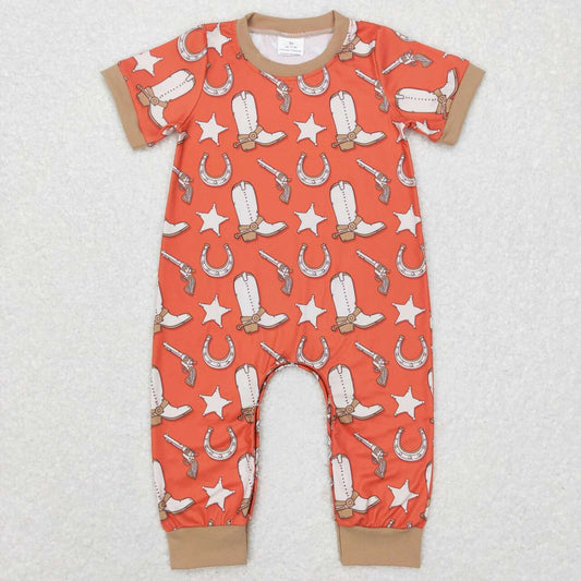 SR0570 Boots Star Pistol Print Baby Boys Western Romper