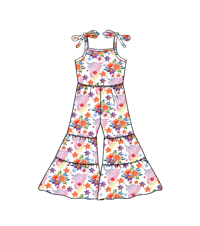 (Pre-order)SR0576  Highland Cow Flowers Girls Western Jumpsuits