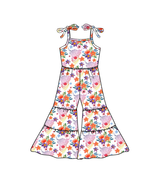 (Pre-order)SR0576  Highland Cow Flowers Girls Western Jumpsuits