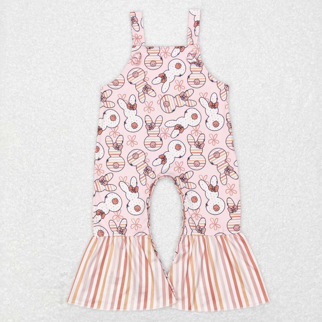 GLP1104 White Top Pink Bunny Flowers Stripes Print Jumpsuits Girls Easter Clothes Set