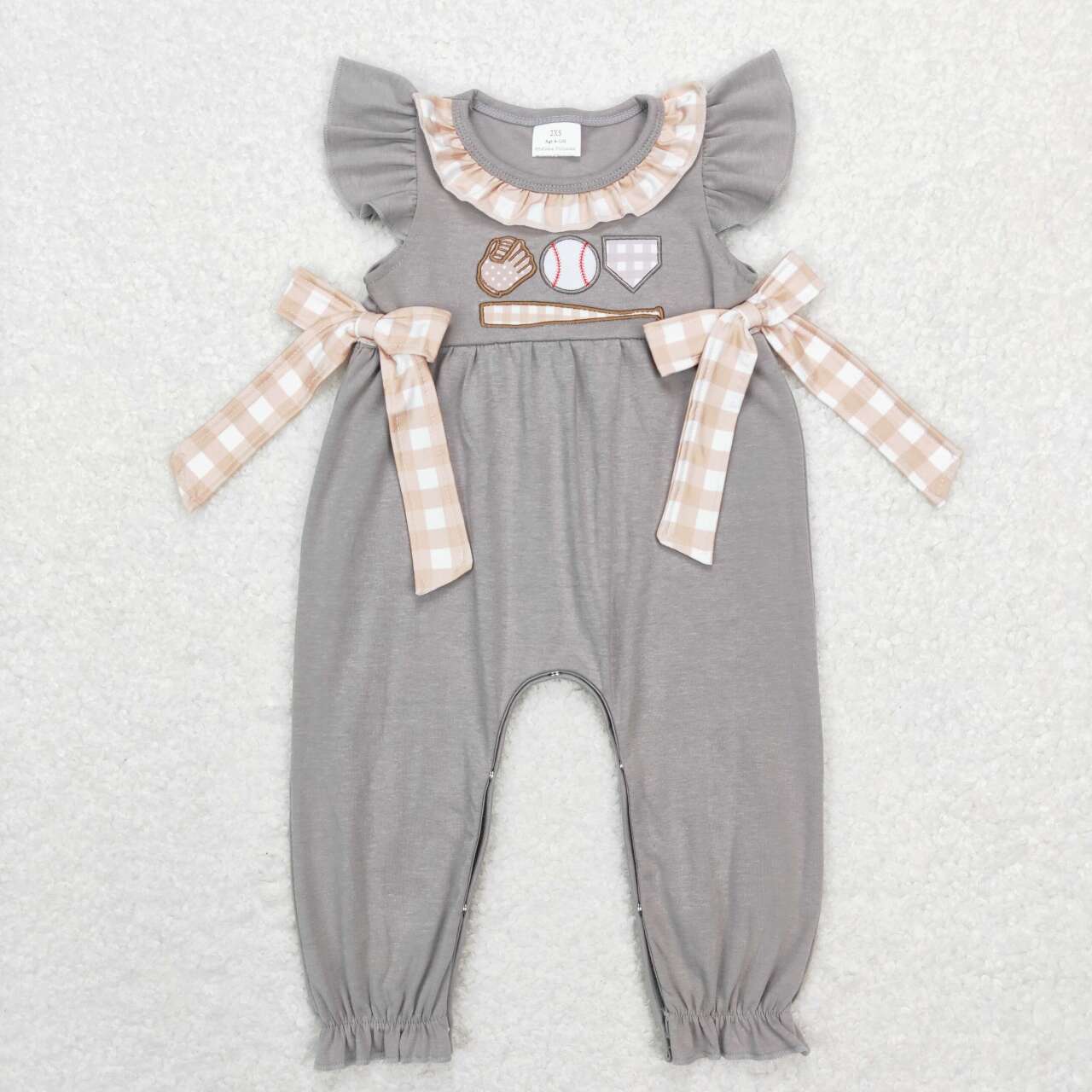 SR0613 Grey Baseball Embroidery Baby Girls Romper