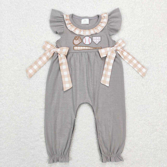 SR0613 Grey Baseball Embroidery Baby Girls Romper