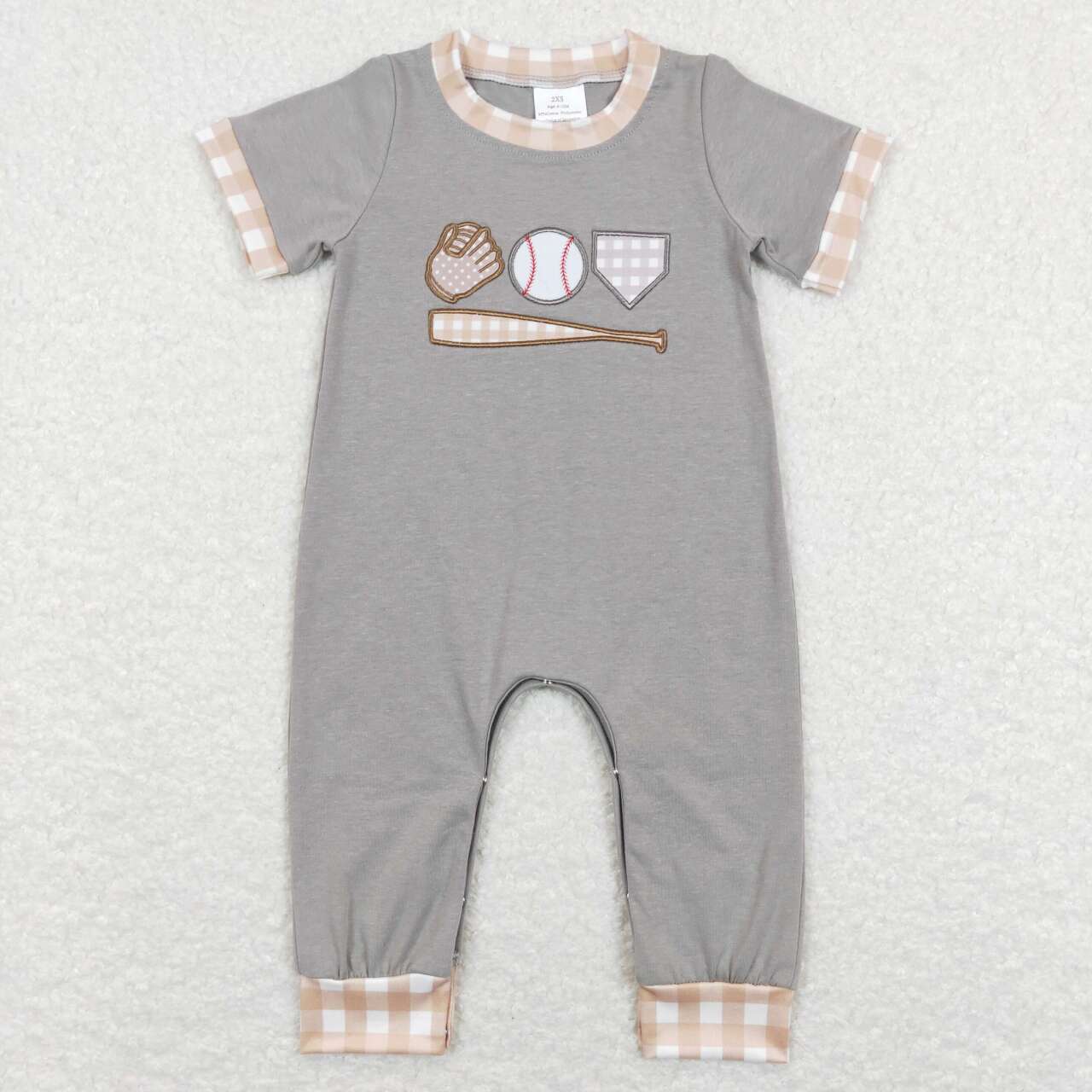 SR0614 Grey Baseball Embroidery Print Baby Boys Romper