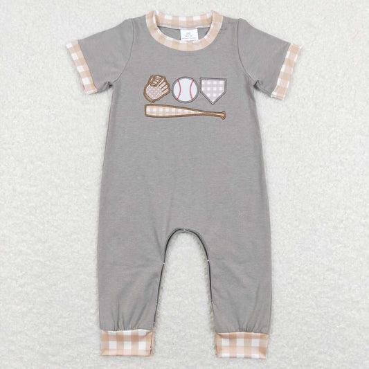 SR0614 Grey Baseball Embroidery Print Baby Boys Romper