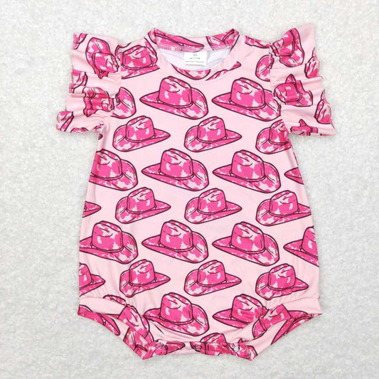 SR0623  Pink Hat Print Baby Girls Western Summer Romper