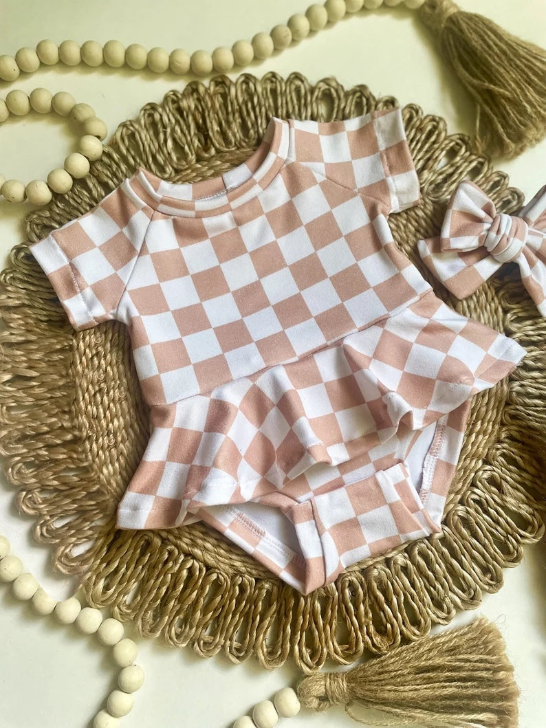 (Pre-order)SR0630 Brown Plaid Print Baby Girls Romper