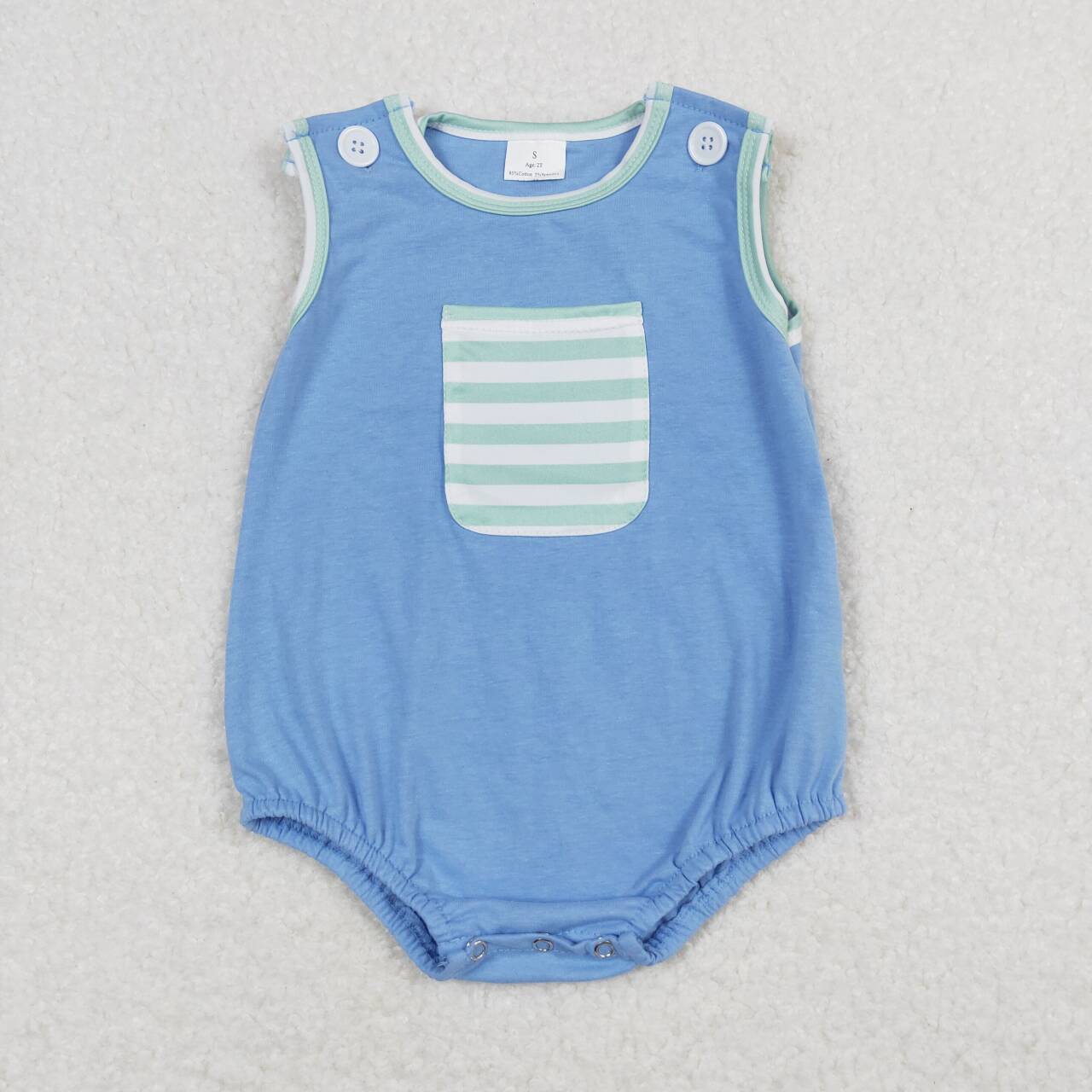 SR0641 Stripes Print Pocket Baby Boys Blue Summer Buttons Romper
