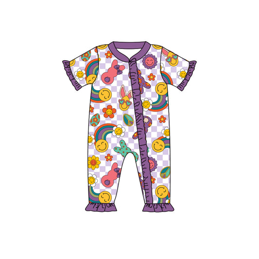 (Pre-order)SR0649 Purple Rainbow Bunny Flowers Print Baby Girls Easter Romper