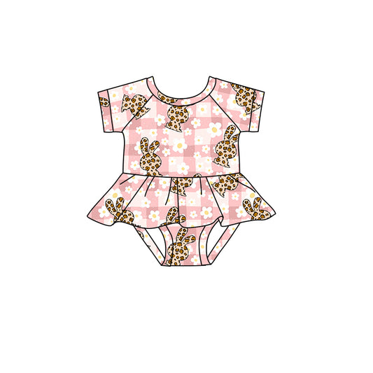 (Pre-order)SR0655 Flowers Leopard Bunny Print Baby Girls Easter Romper
