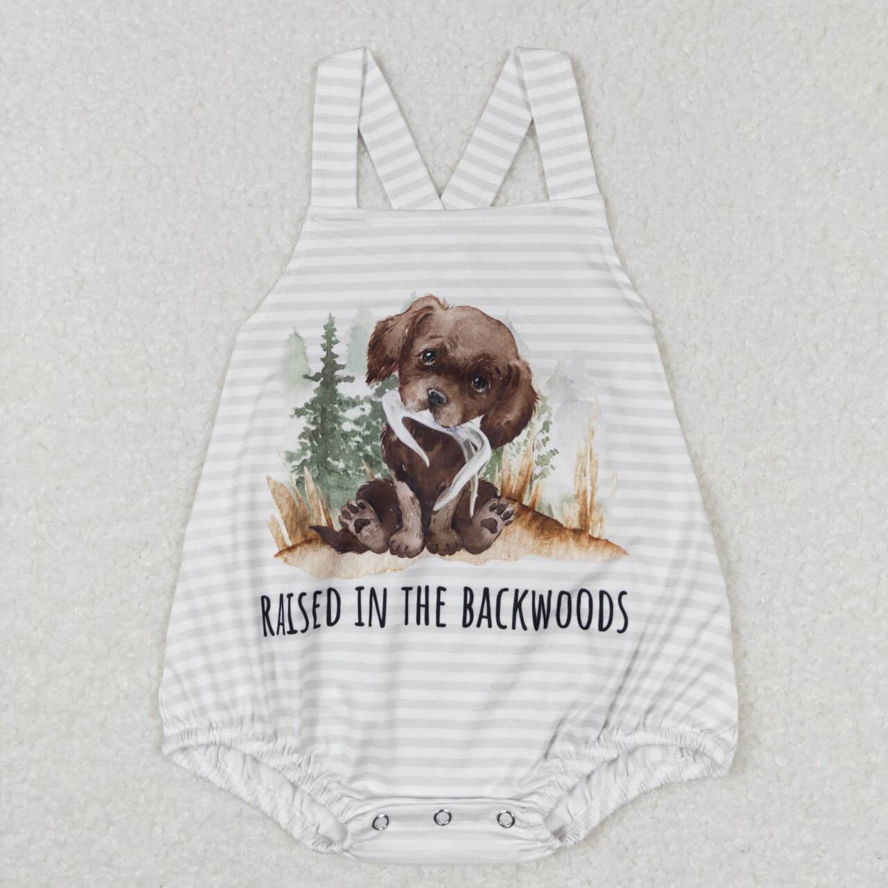 SR0659 Raised In The Backwoods Dog Print Baby Boys Bubble Romper