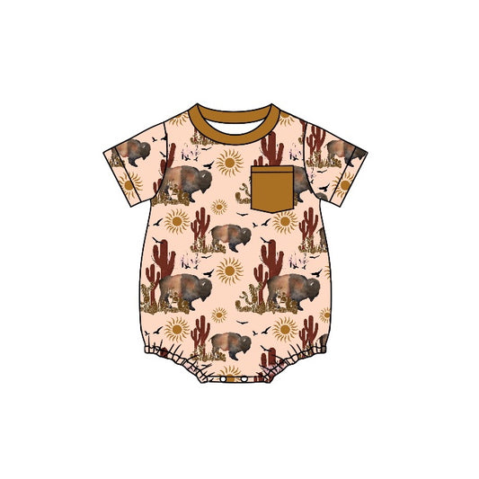 (Pre-order)SR0667 Bull Print Baby Boys Pocket Western Summer Romper