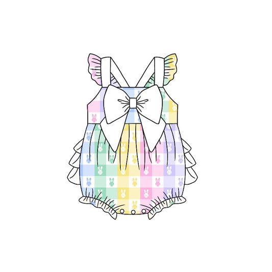 (Pre-order)SR0669 Colorful Bunny Plaid Print Baby Girls Easter Bubble Romper