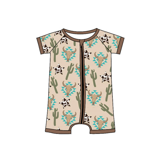 (Pre-order)SR0676 Cow Skull Aztec Star Cactus Print Baby Boys Zipper Romper