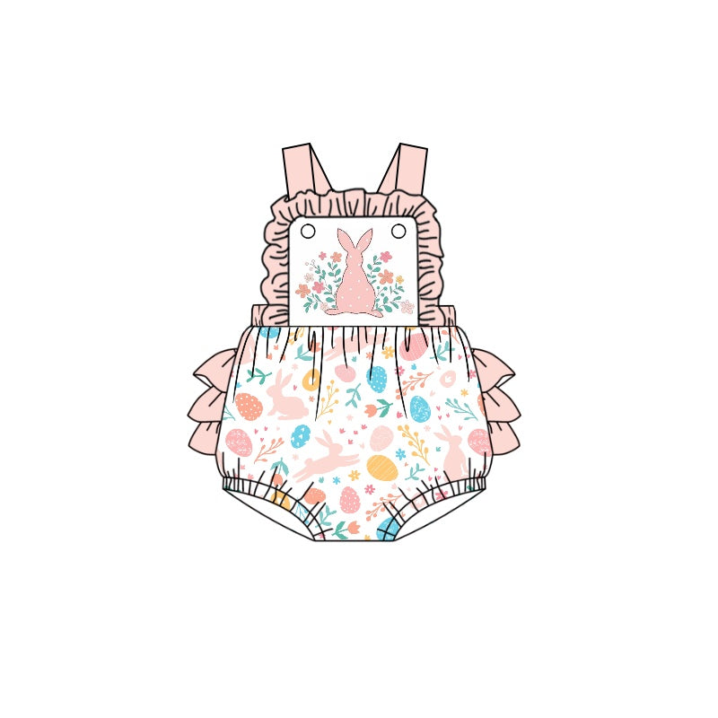 (Pre-order)SR0681 Pink Flowers Bunny Print Baby Girls Easter Bubble Romper
