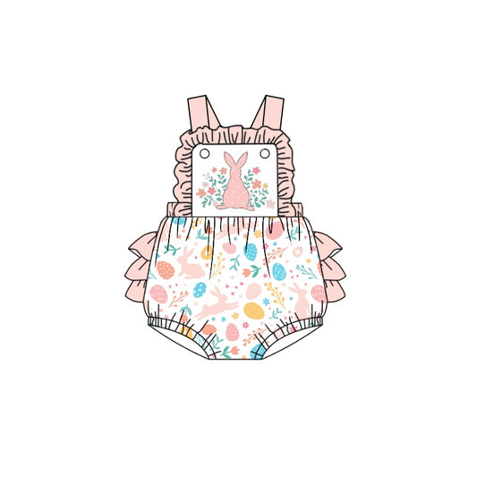 (Pre-order)SR0681 Pink Flowers Bunny Print Baby Girls Easter Bubble Romper