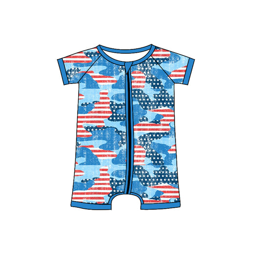(Pre-order)SR0682 Star Stripes Print Baby Kids 4th of July Zipper Romper
