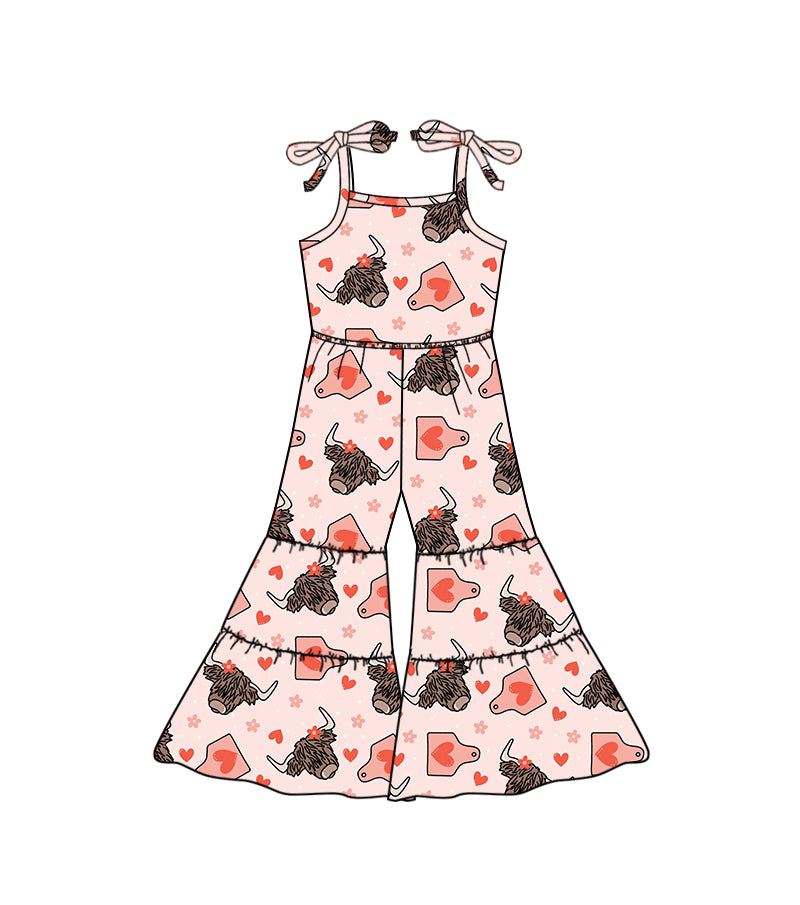 (Pre-order)SR0718 Highland Cow Tag Heart Print Girls Valentine's Straps Jumpsuit
