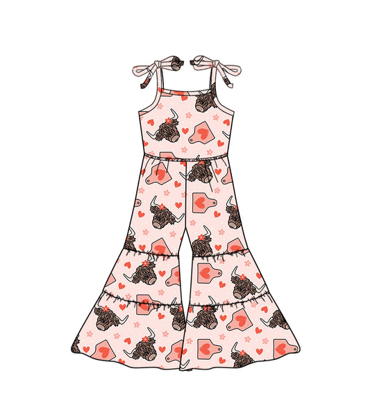 (Pre-order)SR0718 Highland Cow Tag Heart Print Girls Valentine's Straps Jumpsuit