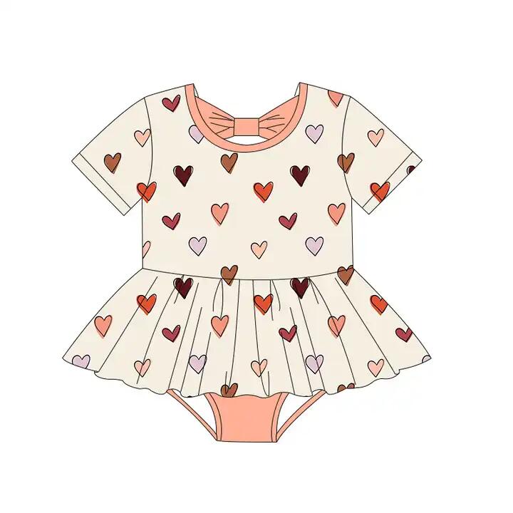 (Pre-order)SR0729 Heart Print Baby Girls Bow Valentine's Romper