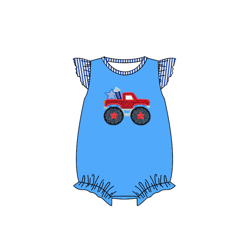 (Pre-order)SR0757 Truck Star Print Blue Baby Girls 4th of July Romper