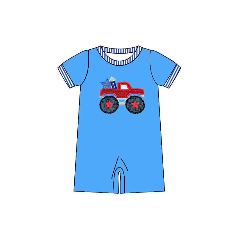 (Pre-order)SR0758 Truck Star Print Blue Baby Boys 4th of July Romper
