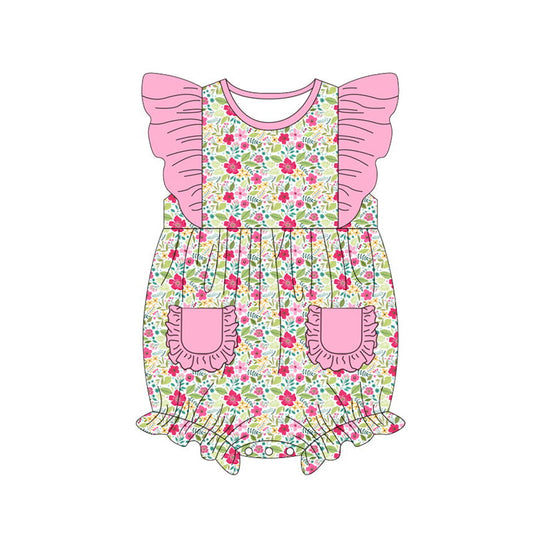 (Pre-order)SR0847  Flowers Print Pockets Baby Girls Summer Romper