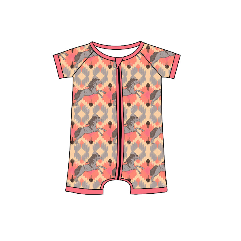 (Pre-order)SR0866 Horse Aztec Print Baby Girls Western Zipper Romper